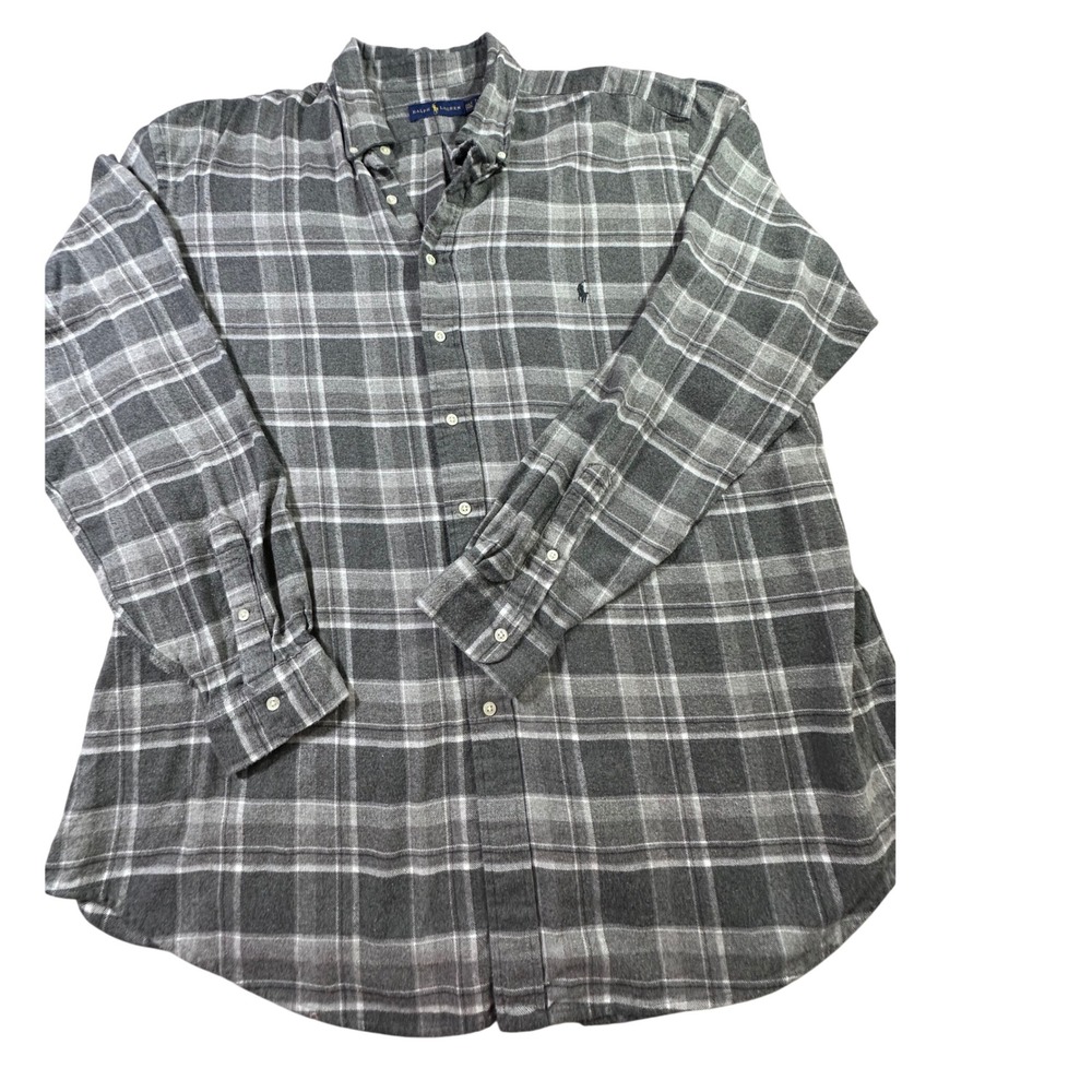 Polo Ralph Lauren Mens 2XLT Grey Plaid Flannel Button Down Shirt Tall Long Slv